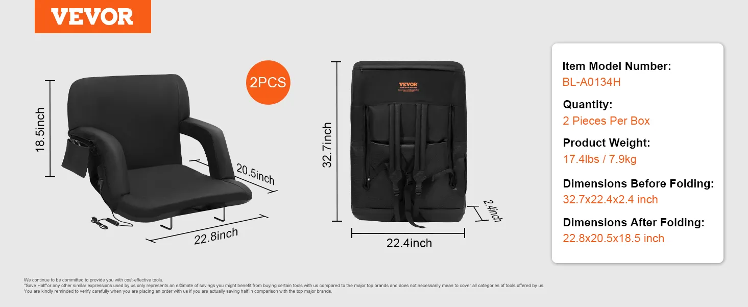 VEVOR heated stadium seat dimensions, black padded seat, 2 pieces, foldable, portable design.