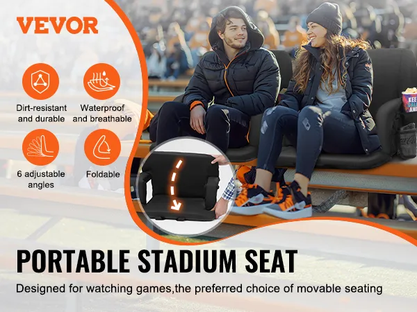 VEVOR heated stadium seat, dirt-resistant, waterproof, 6 adjustable angles, and foldable design.