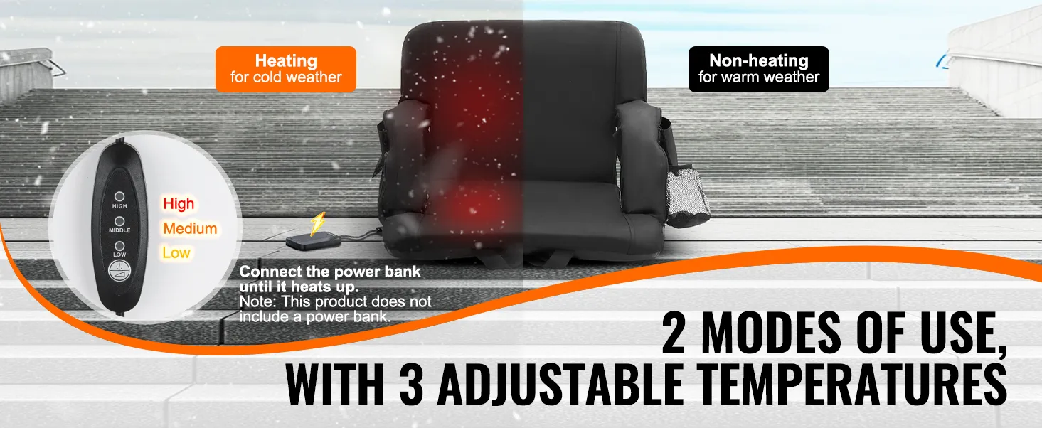 VEVOR heated stadium seat with two modes for cold and warm weather, featuring three adjustable temperatures.