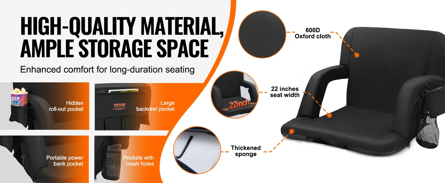 VEVOR heated stadium seat with 600d oxford cloth, thickened sponge, and ample storage pockets.