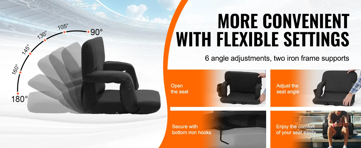 VEVOR heated stadium seat with 6 angle adjustments, 2 iron frame supports, and bottom iron hooks.