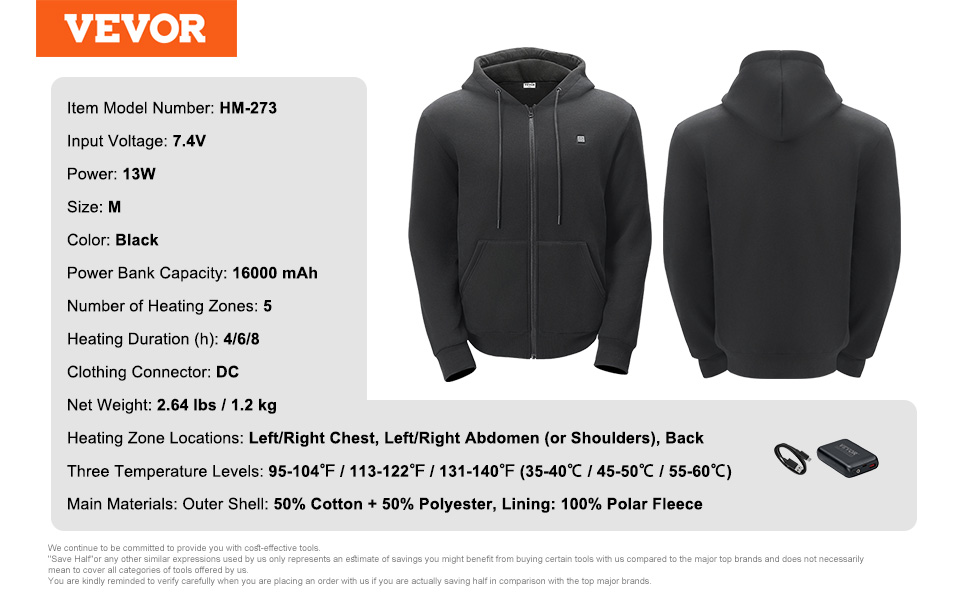 VEVOR Heated Zip Up Hoodie – 5 Zones, 7.4V Battery, M Size