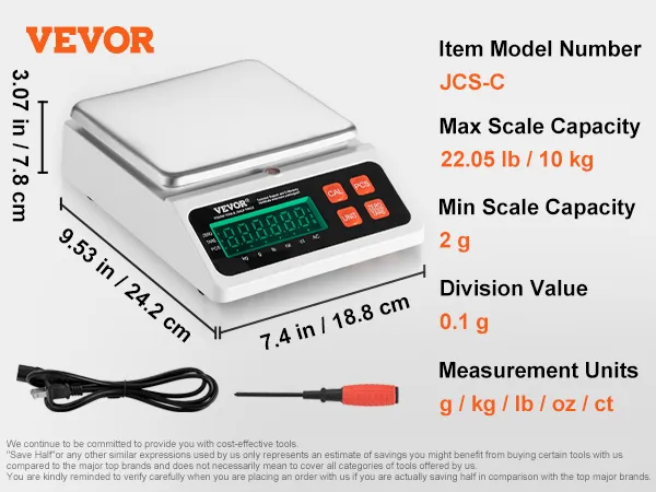 VEVOR industrial counting scale jcs-c, digital display, dimensions, max capacity 22.05 lb / 10 kg.