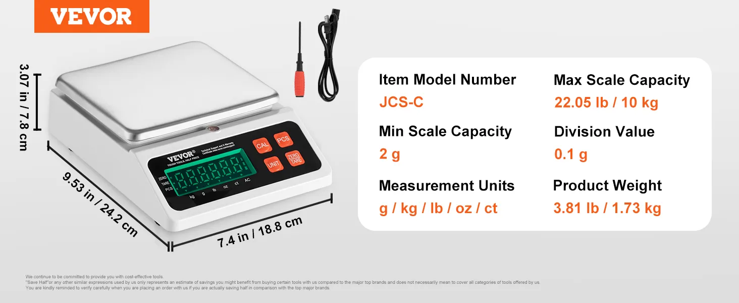 VEVOR industrial counting scale jcs-c, digital display, dimensions, max capacity 22.05 lb / 10 kg.