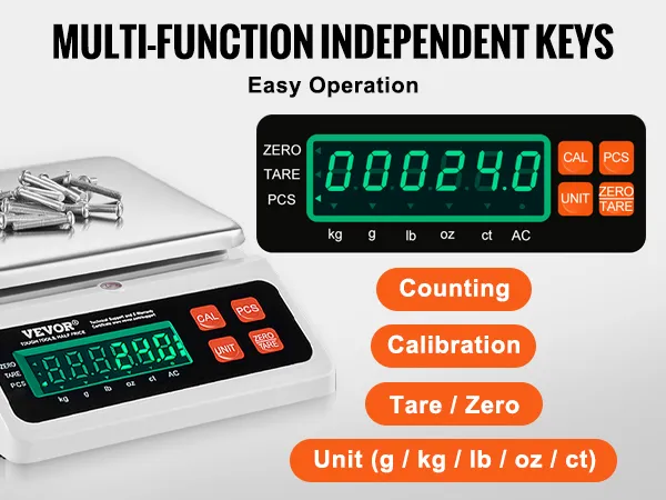 VEVOR industrial counting scale, digital display with keys, few screws on weighing platform.