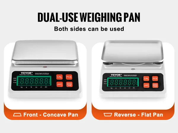 VEVOR industrial counting scale with dual-use weighing pan, featuring concave and flat sides.