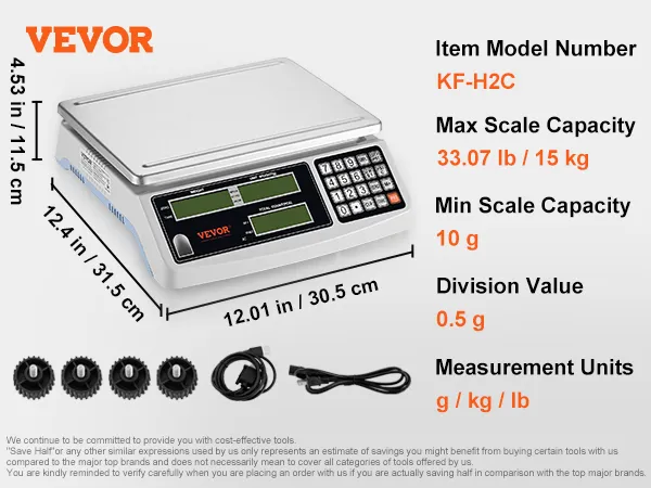 Báscula contadora industrial VEVOR con modelo kf-h2c, capacidad máxima de 33,07 lb/15 kg y valor de división de 0,5 g.