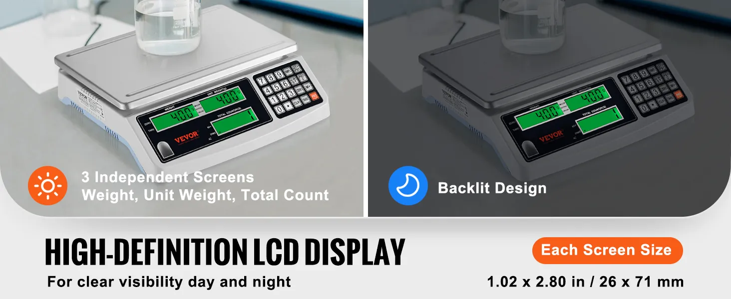 Báscula contadora industrial VEVOR con 3 pantallas LCD para peso, peso unitario, recuento total y diseño retroiluminado.