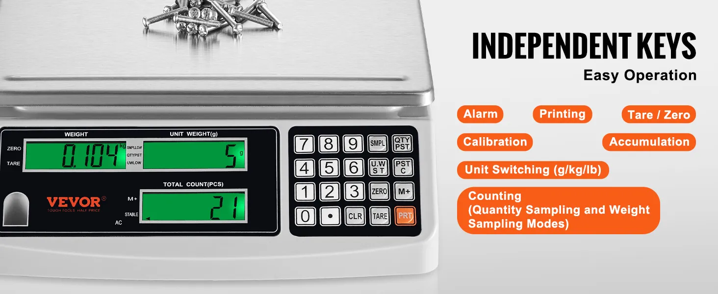 Báscula contadora industrial VEVOR con tornillos en plataforma, teclas independientes y pantalla digital.