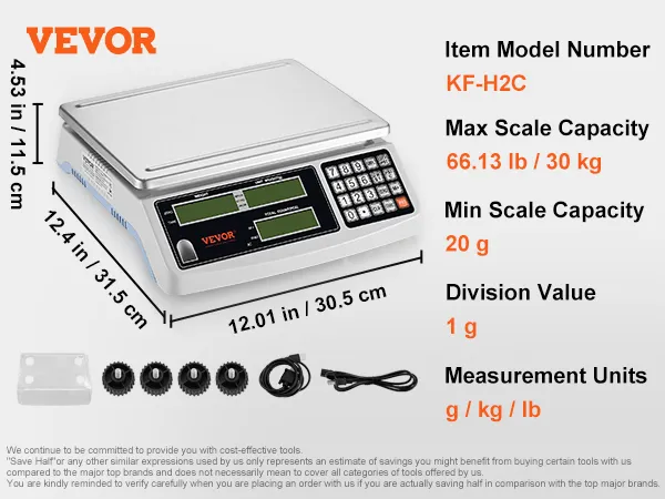 Báscula contadora industrial VEVOR con capacidad máxima de 66,13 lbs, capacidad mínima de 20 g, dimensiones y accesorios.
