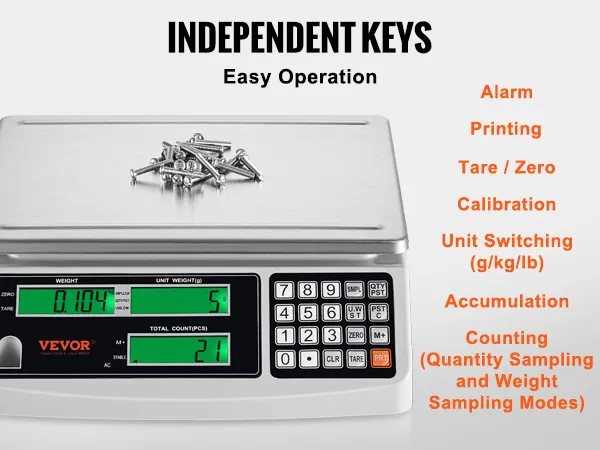 Báscula contadora industrial VEVOR que muestra tornillos con pantalla LED verde, teclado numérico y cubierta impermeable.