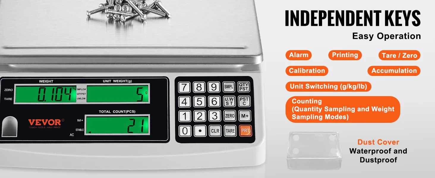 Báscula contadora industrial VEVOR que muestra tornillos con pantalla LED verde, teclado numérico y cubierta impermeable.