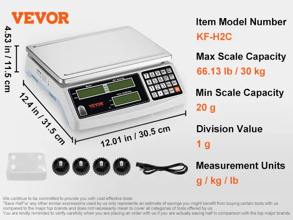 Báscula contadora industrial VEVOR, modelo kf-h2c, con dimensiones, capacidad máxima de 66,13 lb / 30 kg.