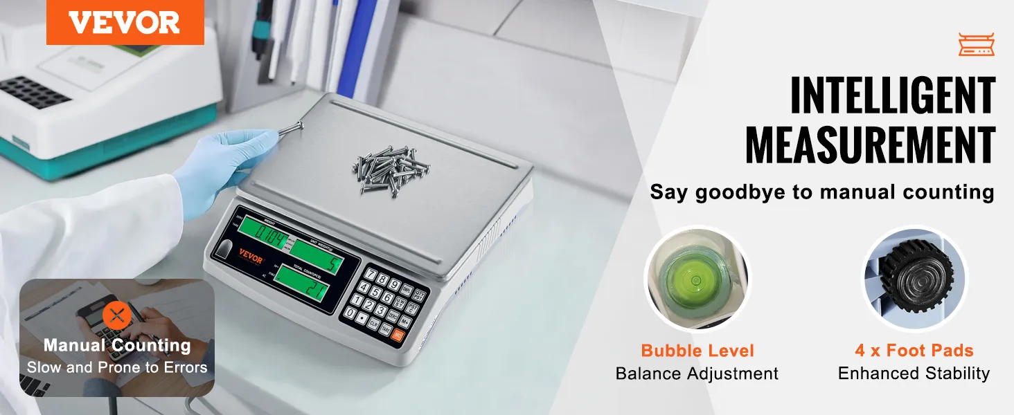 Báscula contadora industrial VEVOR para una medición eficiente y precisa con pantalla digital y nivel de equilibrio.