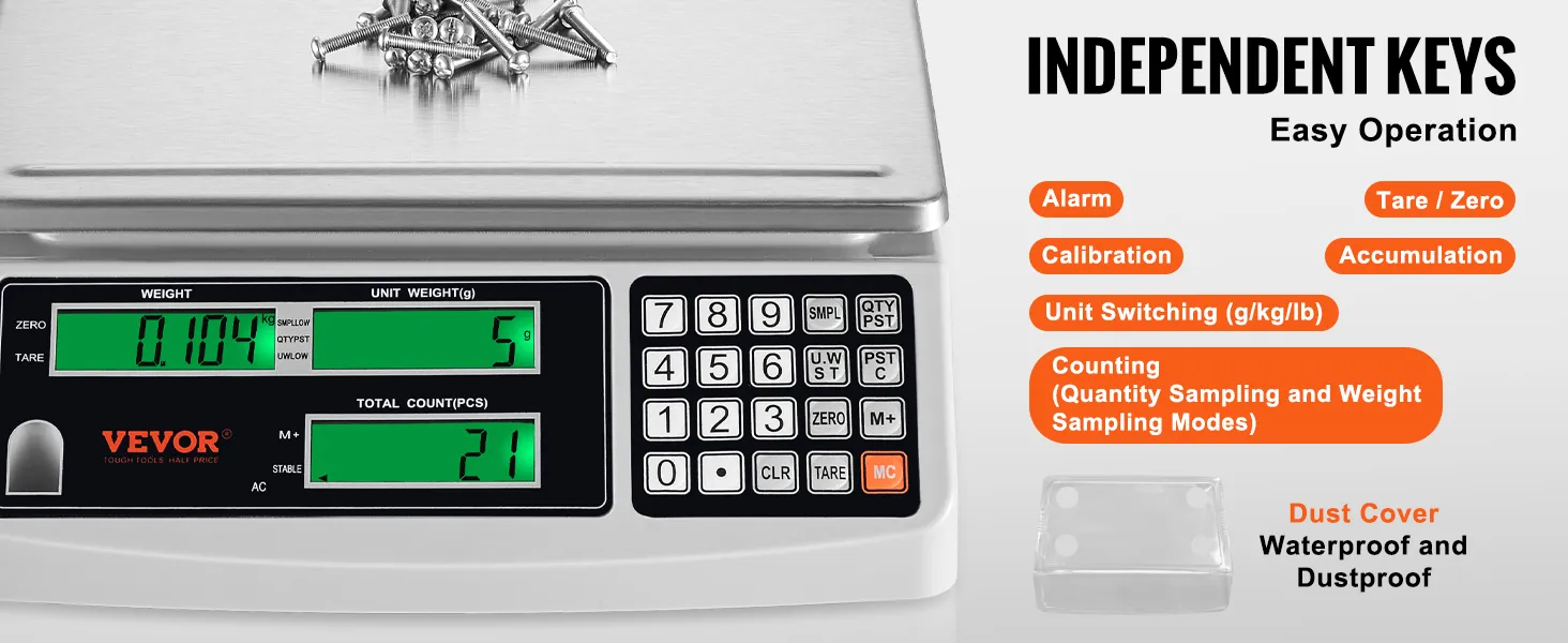Báscula contadora industrial VEVOR con teclas independientes, pantalla digital y funciones de conteo para una fácil operación.
