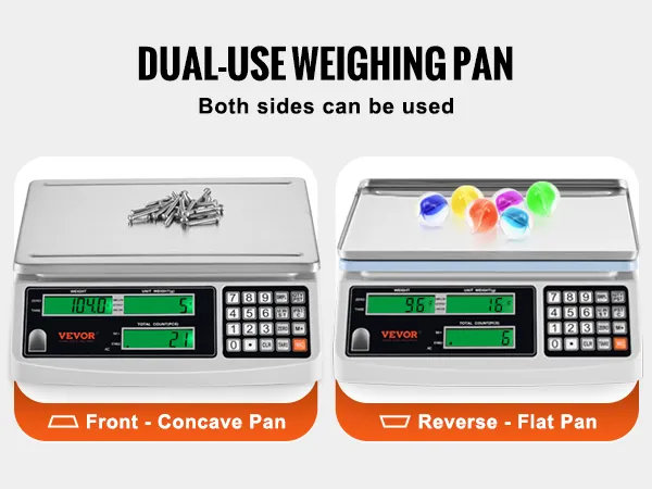 Báscula contadora industrial VEVOR con platillos de pesaje de plástico y acero inoxidable de doble uso para mayor versatilidad.