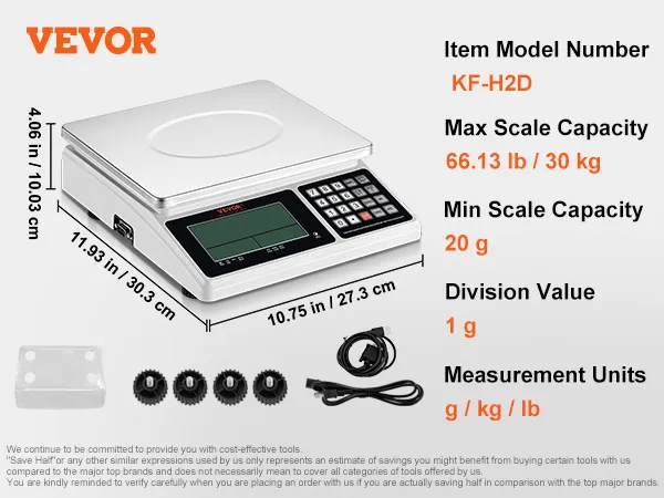 Báscula contadora industrial VEVOR, modelo kf-h2d con capacidad máxima de 66,13 lb, unidades de medida en g/kg/lb.