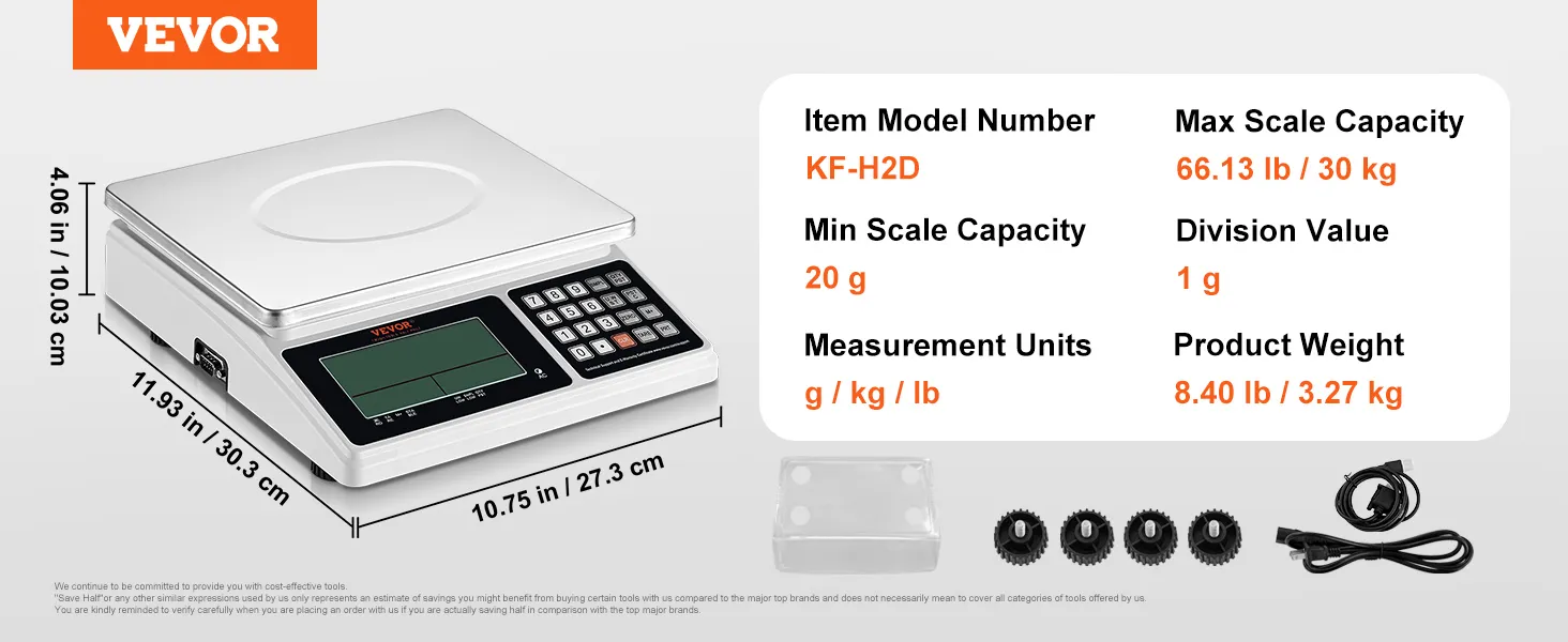 Báscula contadora industrial VEVOR, modelo kf-h2d con capacidad máxima de 66,13 lb, unidades de medida en g/kg/lb.