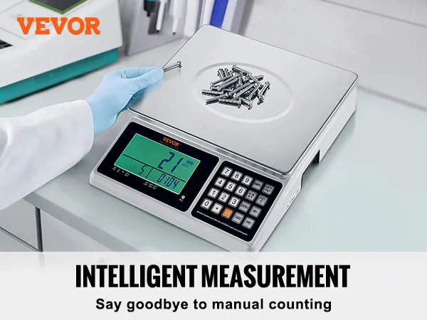 Báscula contadora industrial VEVOR con pantalla digital, nivel de burbuja y almohadillas para los pies para mayor estabilidad.