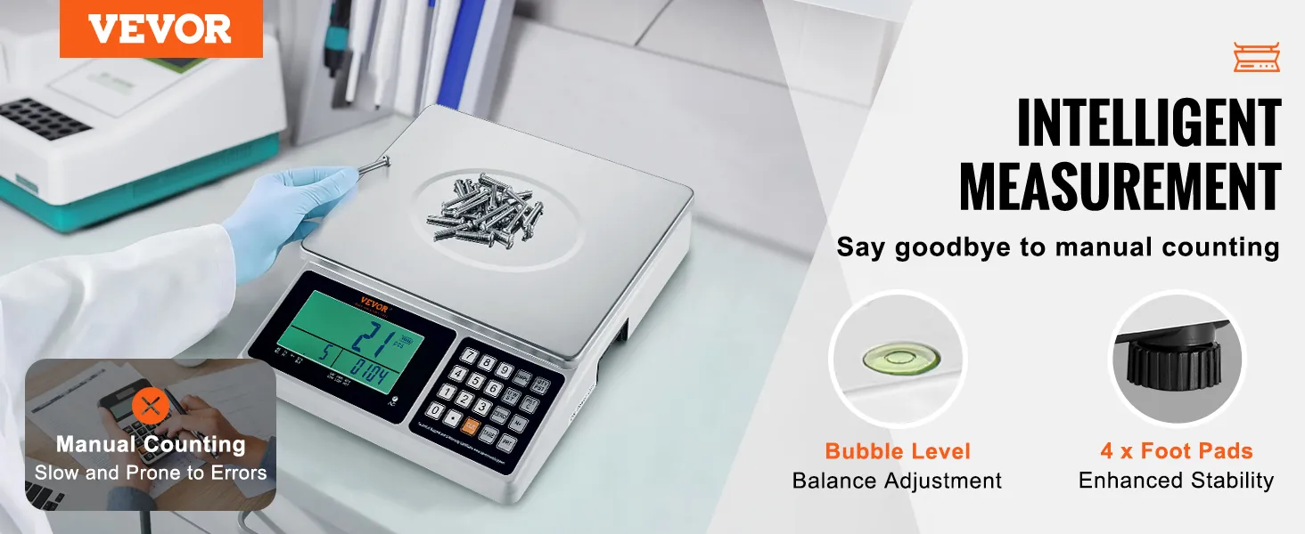 Báscula contadora industrial VEVOR con pantalla digital, nivel de burbuja y almohadillas para los pies para mayor estabilidad.