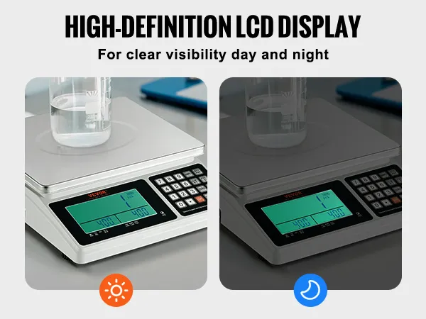 Báscula contadora industrial VEVOR, gran pantalla LCD retroiluminada, mide peso, peso unitario y recuento total.