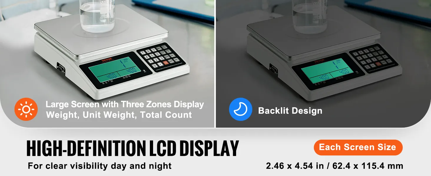Báscula contadora industrial VEVOR, gran pantalla LCD retroiluminada, mide peso, peso unitario y recuento total.