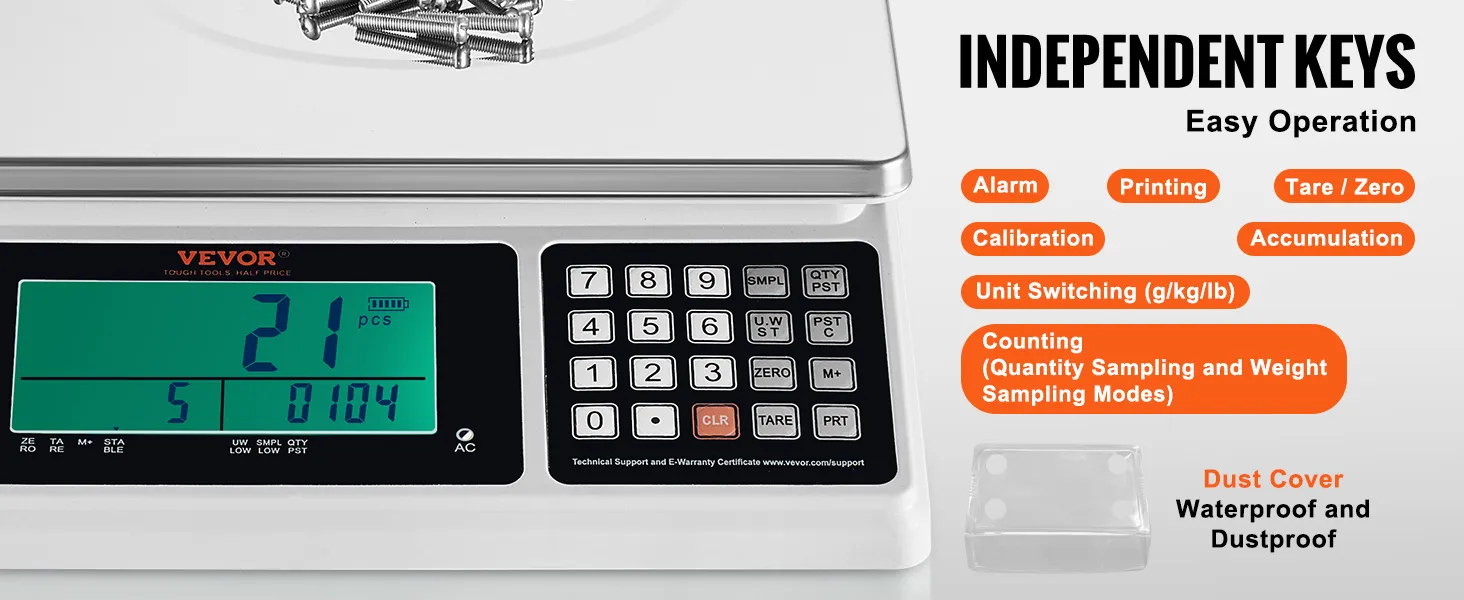pantalla de báscula digital VEVOR con teclas independientes y cubierta a prueba de polvo.