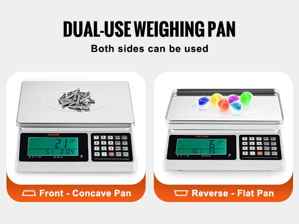 Báscula contadora industrial VEVOR con platillos de pesaje de doble uso: acero inoxidable para mayor durabilidad, plástico para estabilidad.