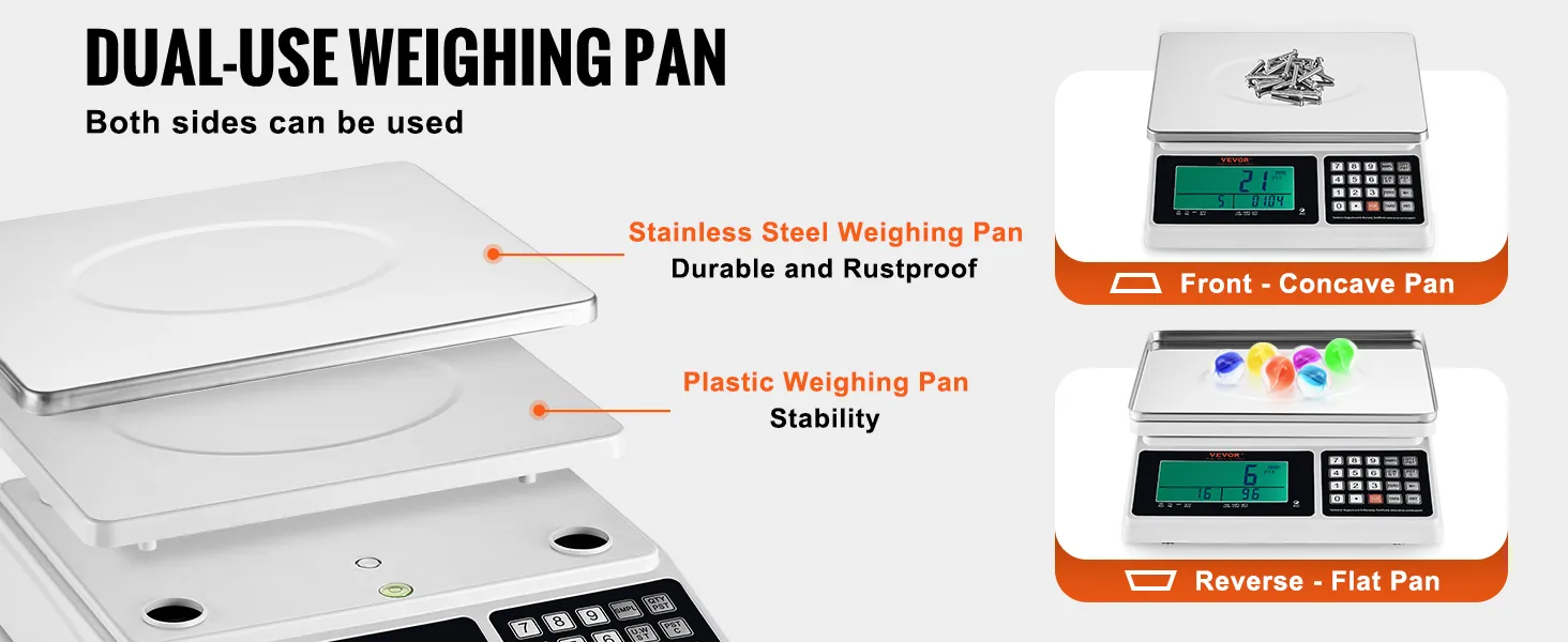 Báscula contadora industrial VEVOR con platillos de pesaje de doble uso: acero inoxidable para mayor durabilidad, plástico para estabilidad.