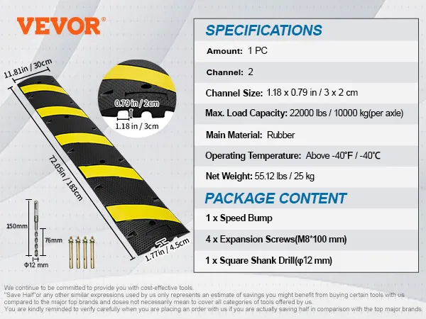 VEVOR rubberen drempel, afmetingen: 72,05 inch x 11,8 inch, inclusief schroeven en boor voor installatie.