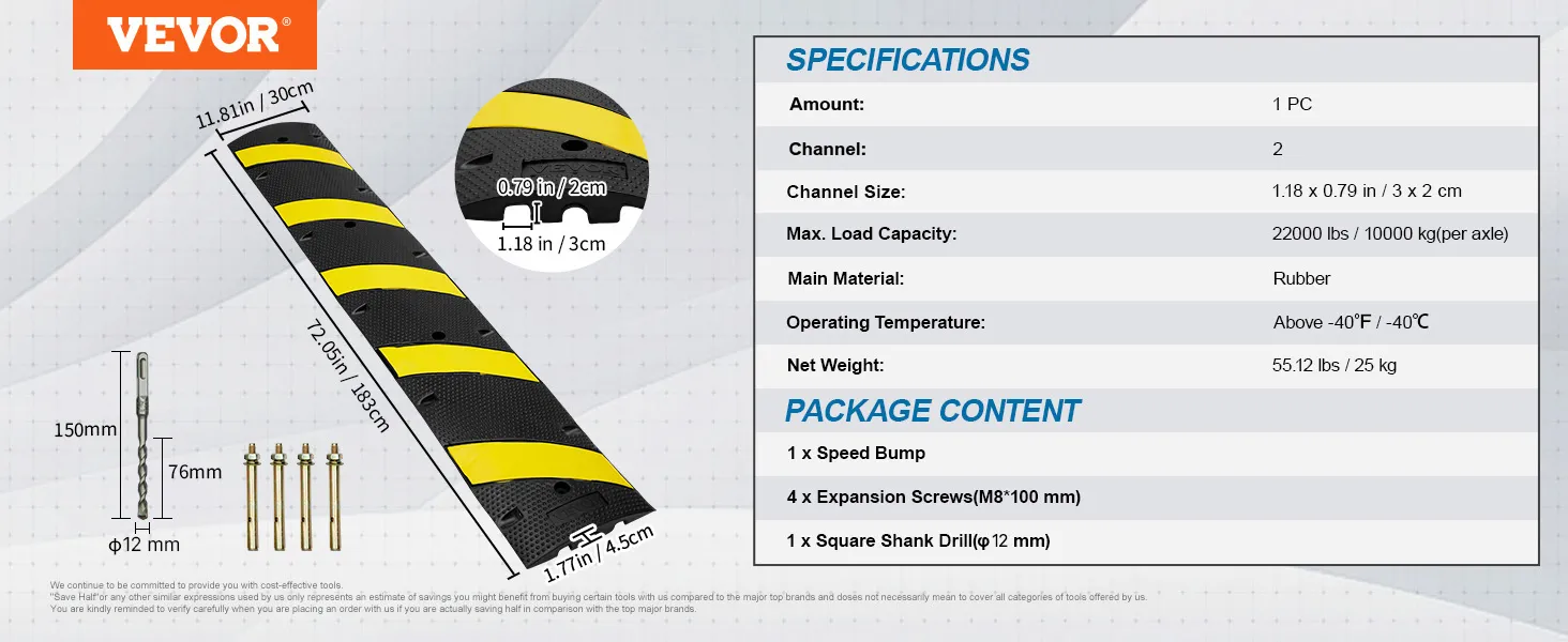 VEVOR rubber speed bump, dimensions: 72.05in x 11.8in, includes screws and drill bit for installation.
