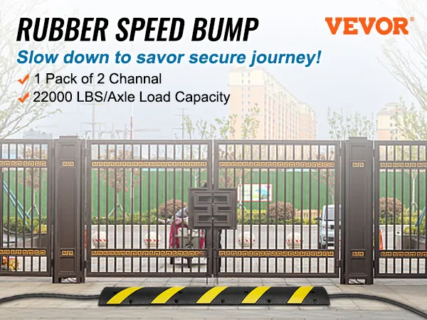 VEVOR rubberen drempel voor een gesloten poort met tekst over veiligheid en laadvermogen.