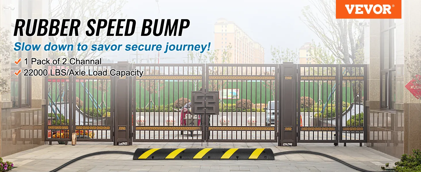 VEVOR rubberen drempel voor een gesloten poort met tekst over veiligheid en laadvermogen.