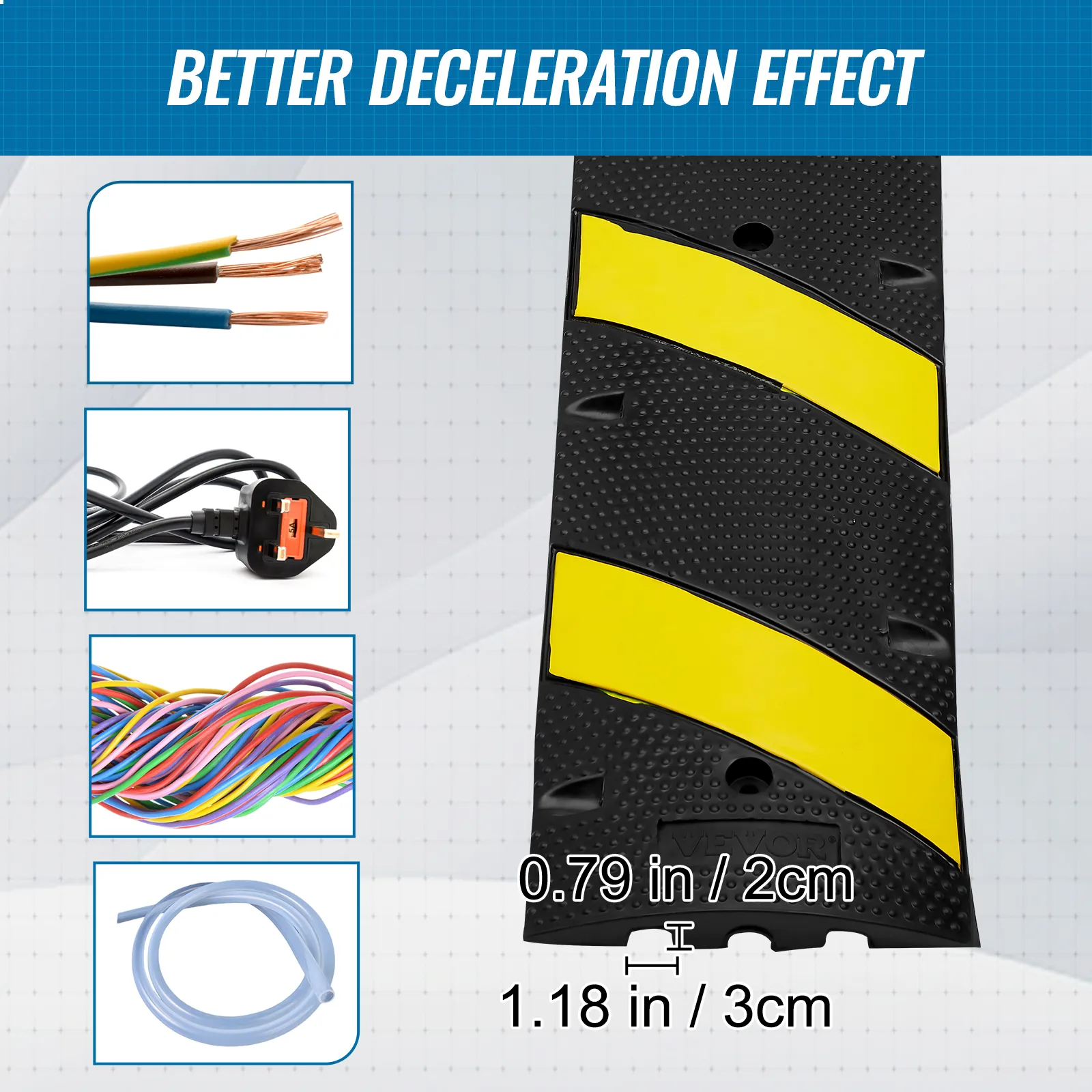VEVOR rubber speed bump with yellow stripes and various wiring components.