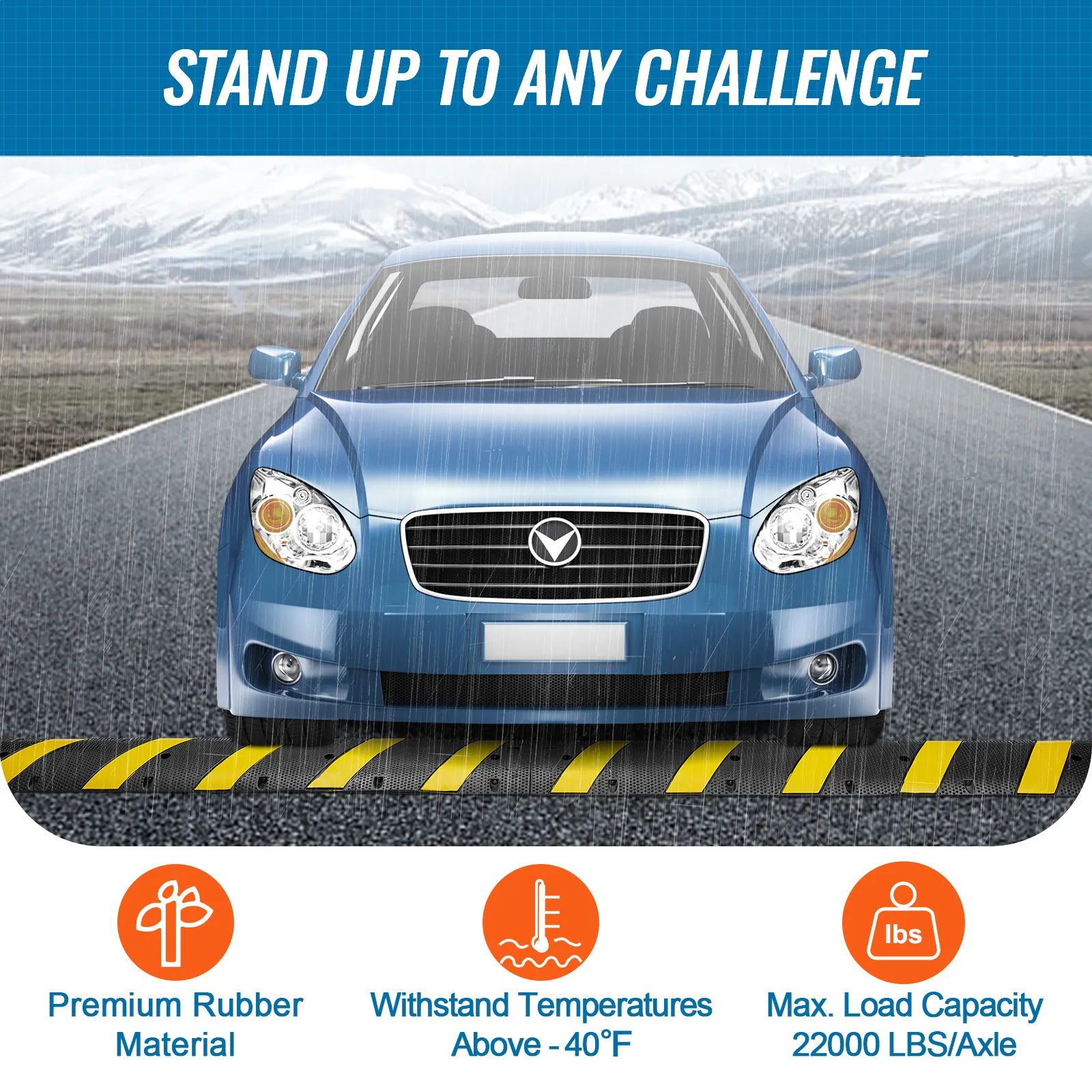 VEVOR rubber speed bump with premium rubber material, withstands -40°f, 22000 lbs/axle load capacity.