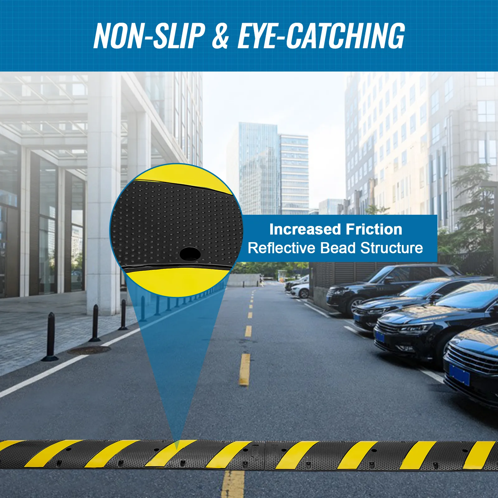 VEVOR rubber speed bump on city street with non-slip surface and reflective beads for increased friction.