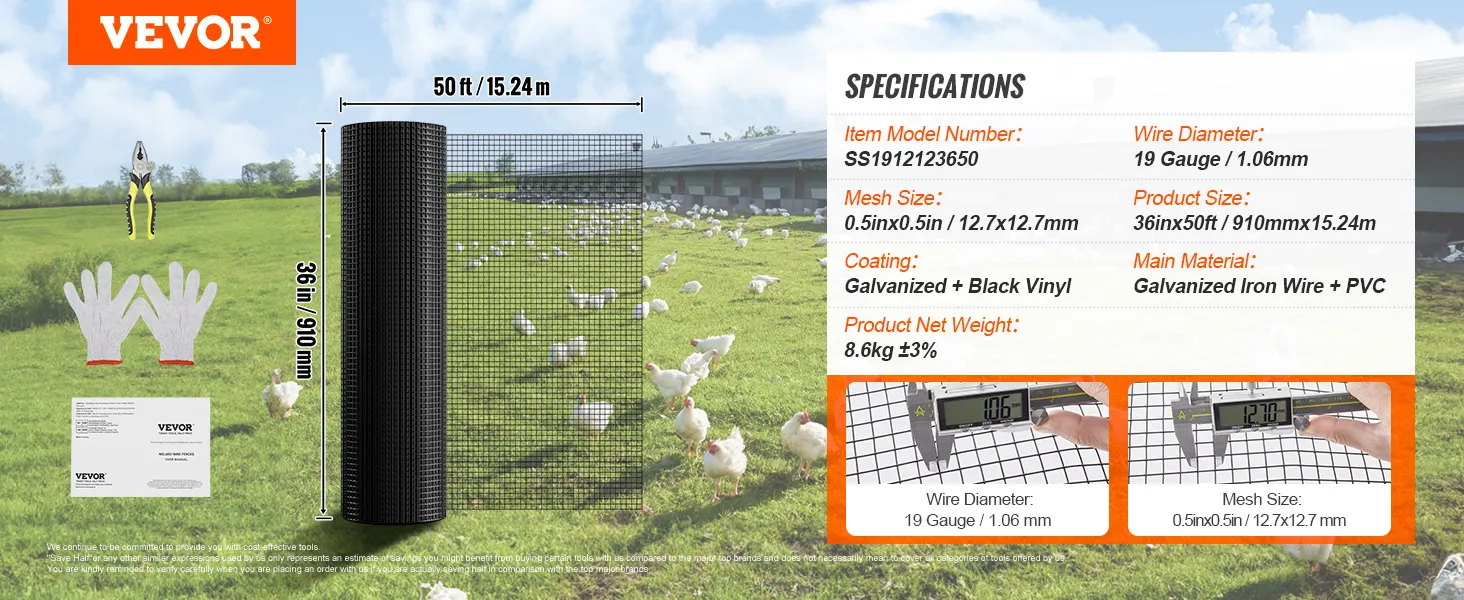 VEVOR kippengaas 36in x 50ft rol met handschoenen, tang en bril; kippen op de achtergrond.