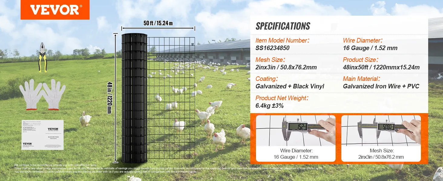 VEVOR-hardwaredoek, 14,6 x 15,2 m, 16-gauge draad, maaswijdte 5 x 7,6 cm, gegalvaniseerd ijzer met zwarte vinylcoating.
