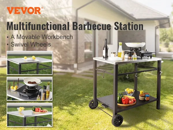 Carrello per grigliate da esterno VEVOR con banco da lavoro mobile, ruote girevoli e vari utensili per barbecue su un prato erboso.