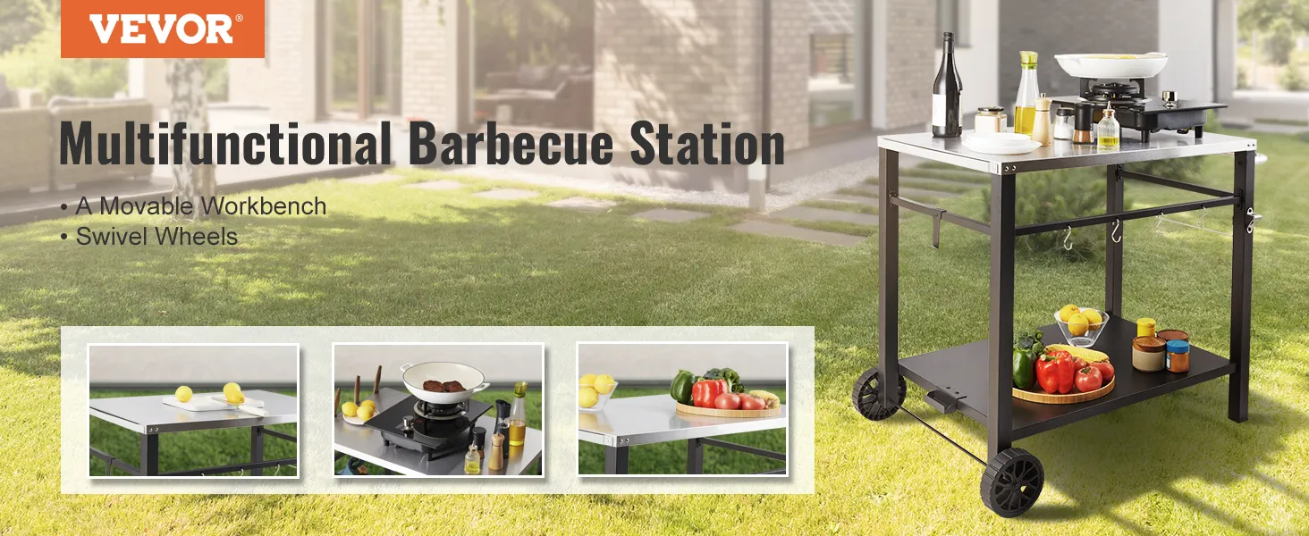 Carrello per grigliate da esterno VEVOR con banco da lavoro mobile, ruote girevoli e vari utensili per barbecue su un prato erboso.