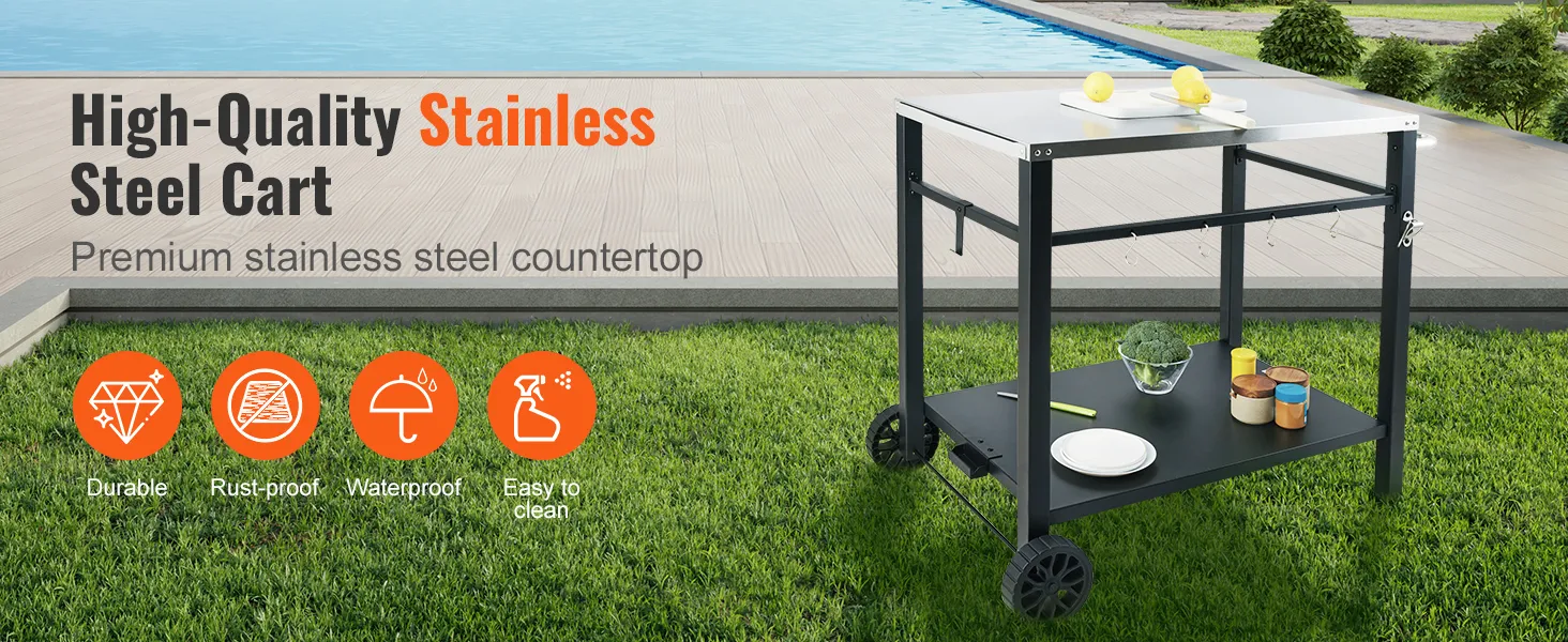 Carrello per grigliate da esterno VEVOR a bordo piscina, con piano di lavoro in acciaio inox e struttura resistente.