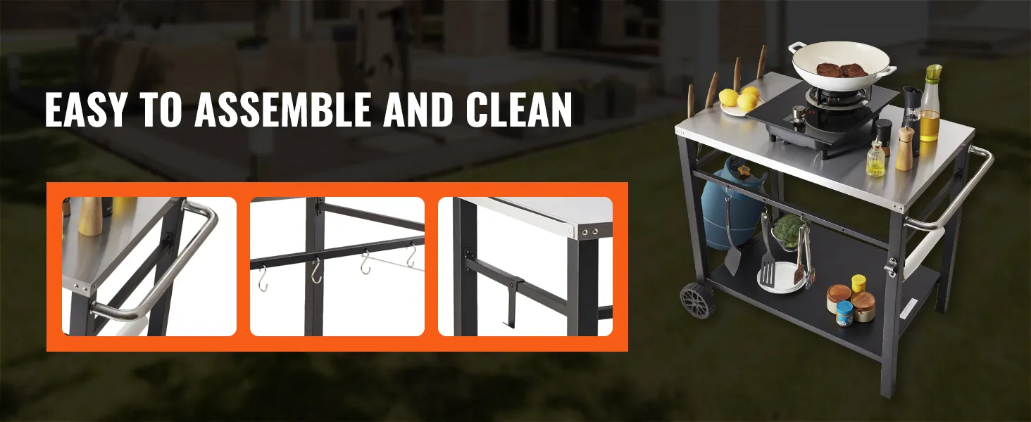 Carrello per griglia da esterno VEVOR con piano superiore in acciaio inox, maniglie laterali, ganci, ripiani e ruote girevoli.
