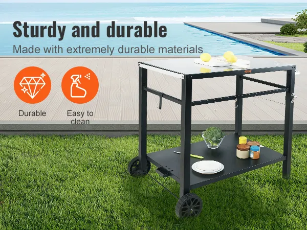 Carrello per grigliate da esterno VEVOR a bordo piscina su prato verde, che dimostra resistenza e facilità di pulizia.