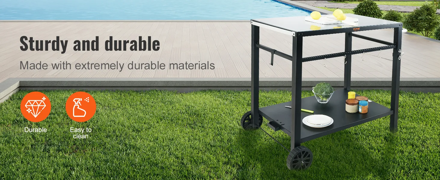 Carrello per grigliate da esterno VEVOR a bordo piscina su prato verde, che dimostra resistenza e facilità di pulizia.