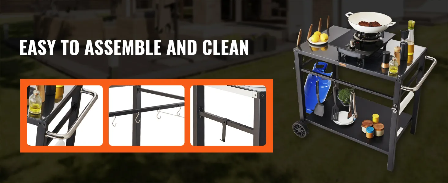 Carrello per griglia da esterno VEVOR con ripiani portaoggetti, ganci per utensili e design facile da pulire.