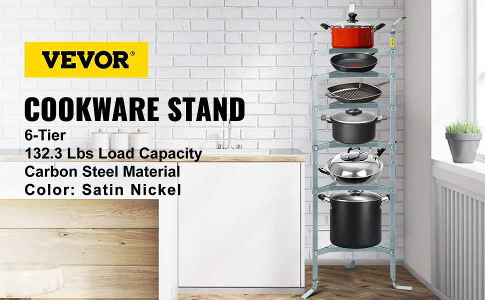 VEVOR cookware stand, 6-tier, carbon steel, satin nickel, holding various pots and pans.