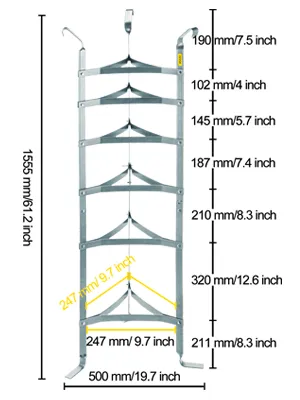 VEVOR cookware stand with multi-tiered shelves, detailed measurements in mm and inches.