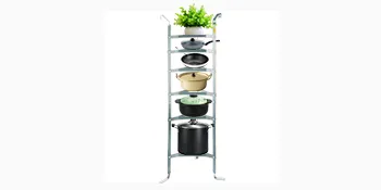 VEVOR cookware stand displaying pots, pans, and a plant on a five-tier metal rack.
