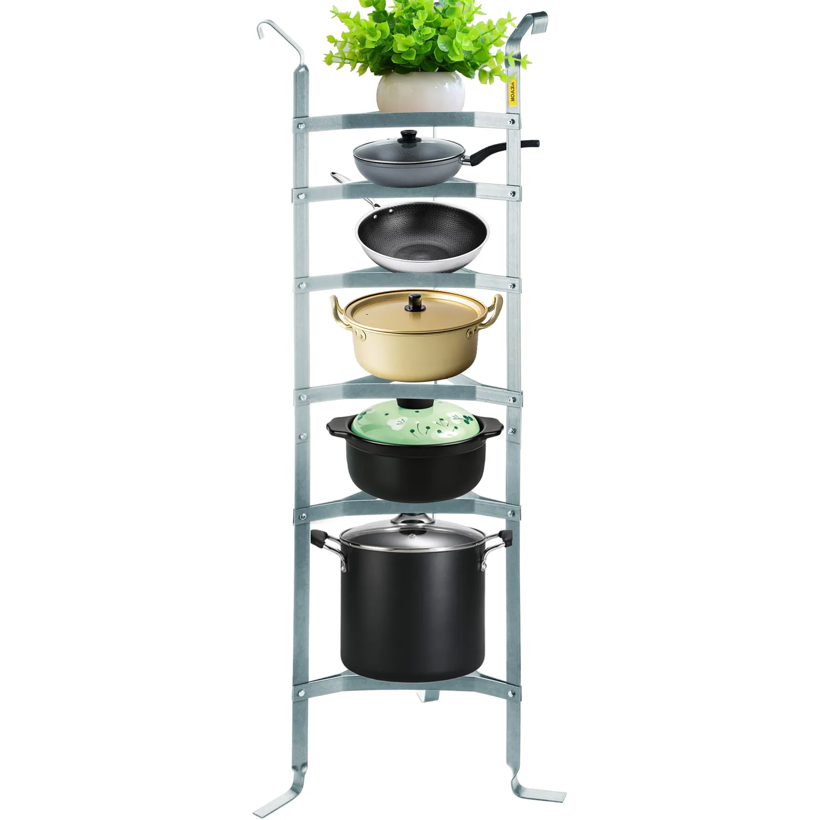 VEVOR cookware stand with various pots and a plant on top.