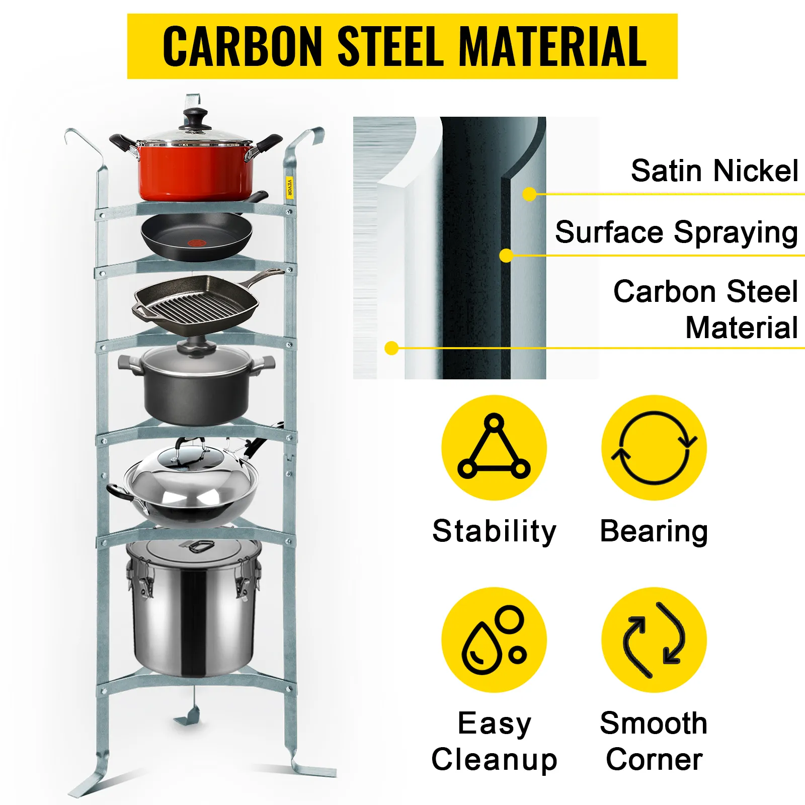 VEVOR cookware stand showcasing carbon steel material and features.